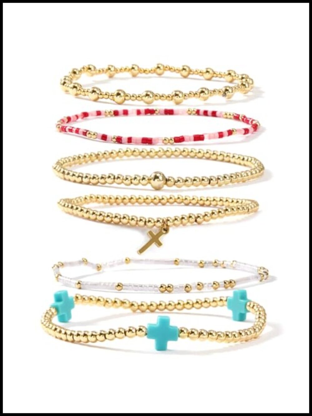 Gold Cross Charm Stretch Bead Bracelet Women Stackable Boho